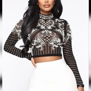 FashionNova Black Embellished Rhinestone Crop Top XS